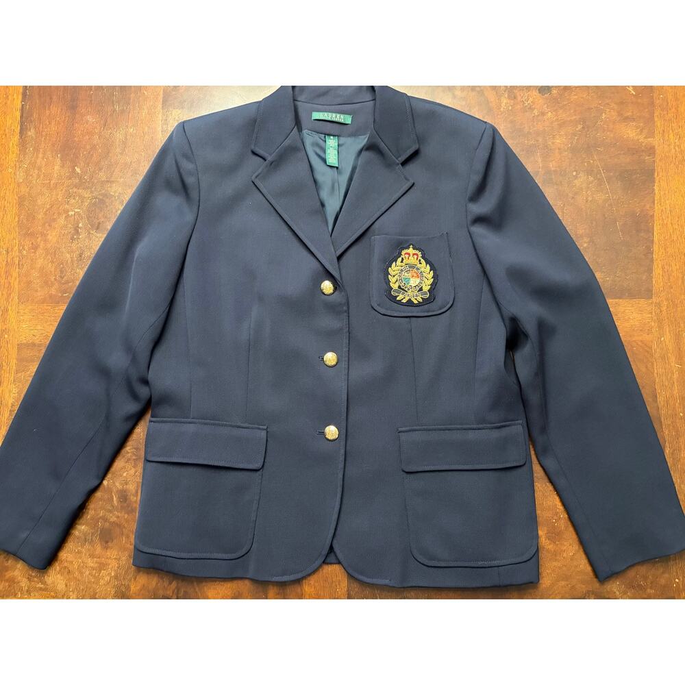 Lauren Ralph Lauren Navy Wool Blazer 16 Crest Patch Gold Buttons Riding Preppy